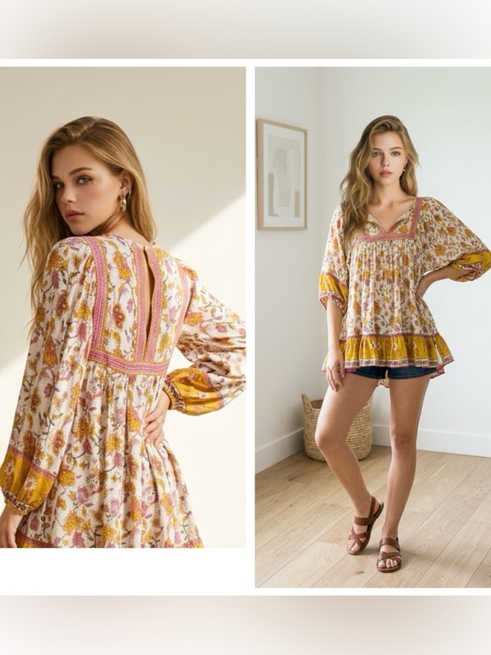 Rachel Zoe Women Sz S dolman Bishop  sleeve Floral Peasant Tunic Yellow/Pink